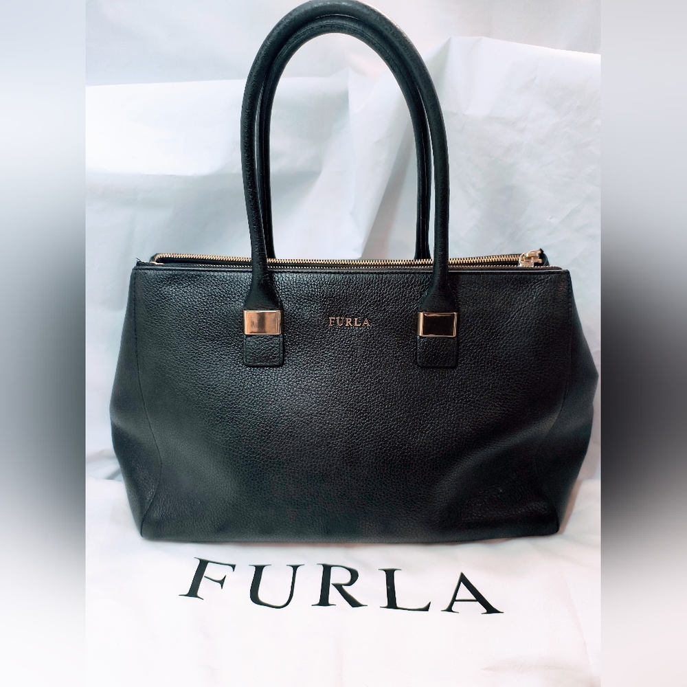 FURLA Black Leather Women's Tote / Top Handle Satchel with Gold-toned Hardware